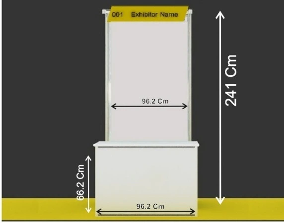 Startup Zone kiosk: 96.2 cm wide, 66.2 cm deep counter with a 241 cm branded back panel